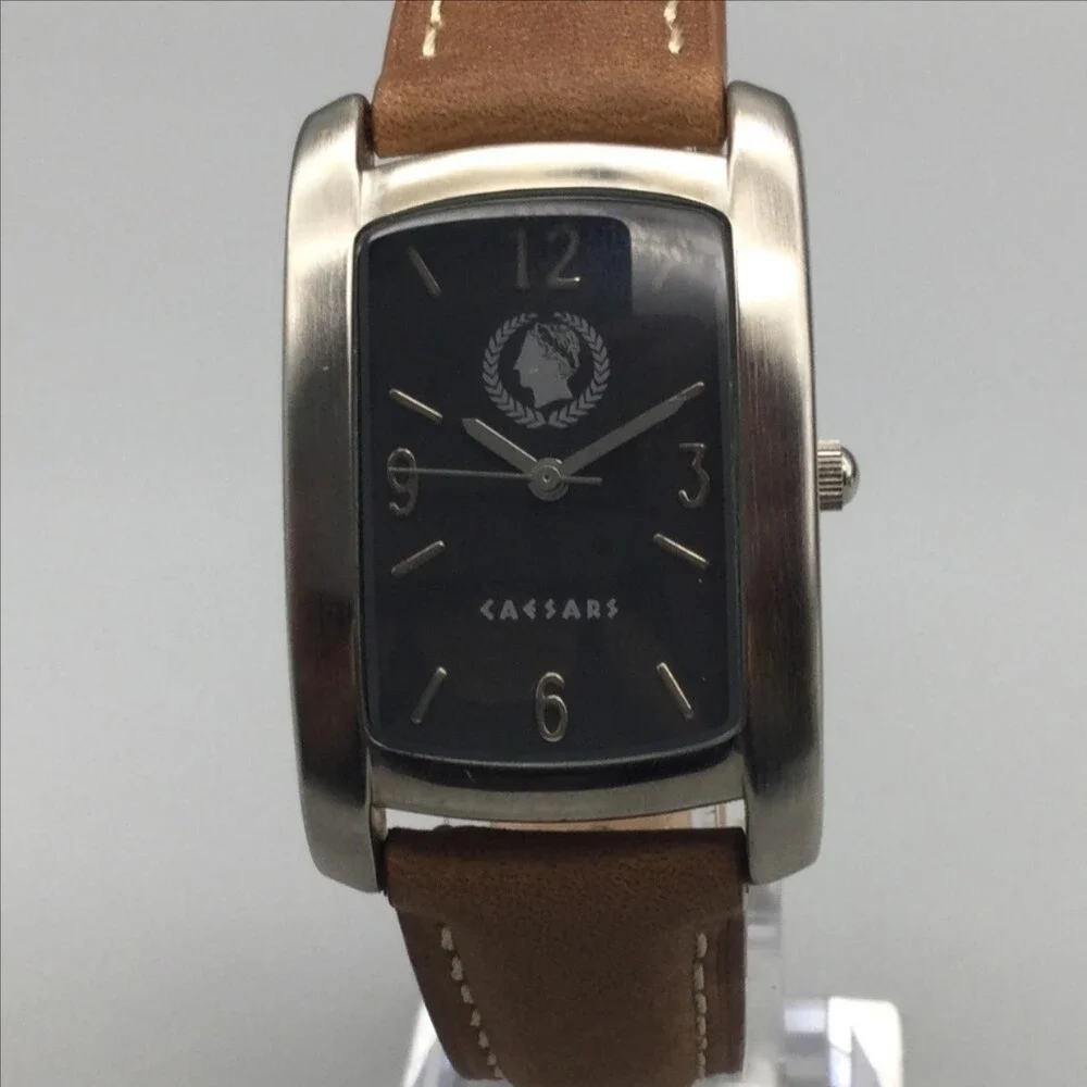 Caesars Mens Watch 26mm Black Dial Brown Strap Silver Tone Case New Battery